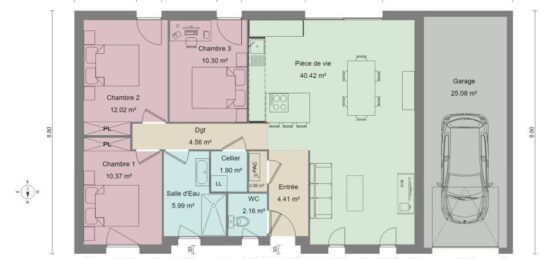 Plan de maison Surface terrain 93 m2 - 6 pièces - 3  chambres -  avec garage 