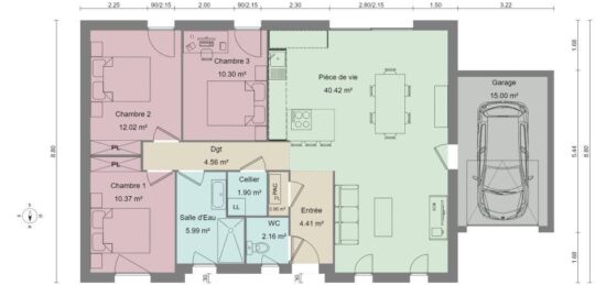 Plan de maison Surface terrain 93 m2 - 6 pièces - 3  chambres -  avec garage 