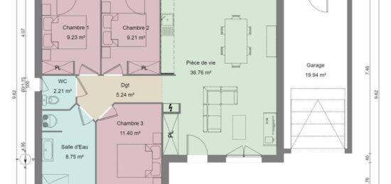 Plan de maison Surface terrain 83 m2 - 5 pièces - 3  chambres -  avec garage 