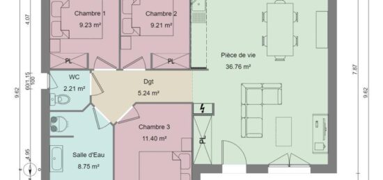 Plan de maison Surface terrain 83 m2 - 5 pièces - 3  chambres -  sans garage 