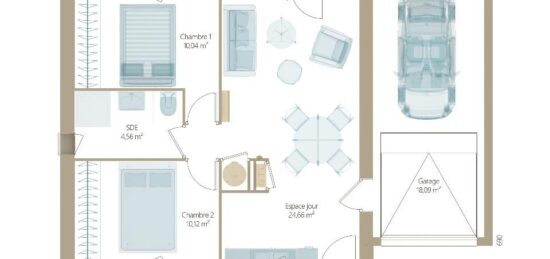 Plan de maison Surface terrain 50 m2 - 4 pièces - 2  chambres -  avec garage 